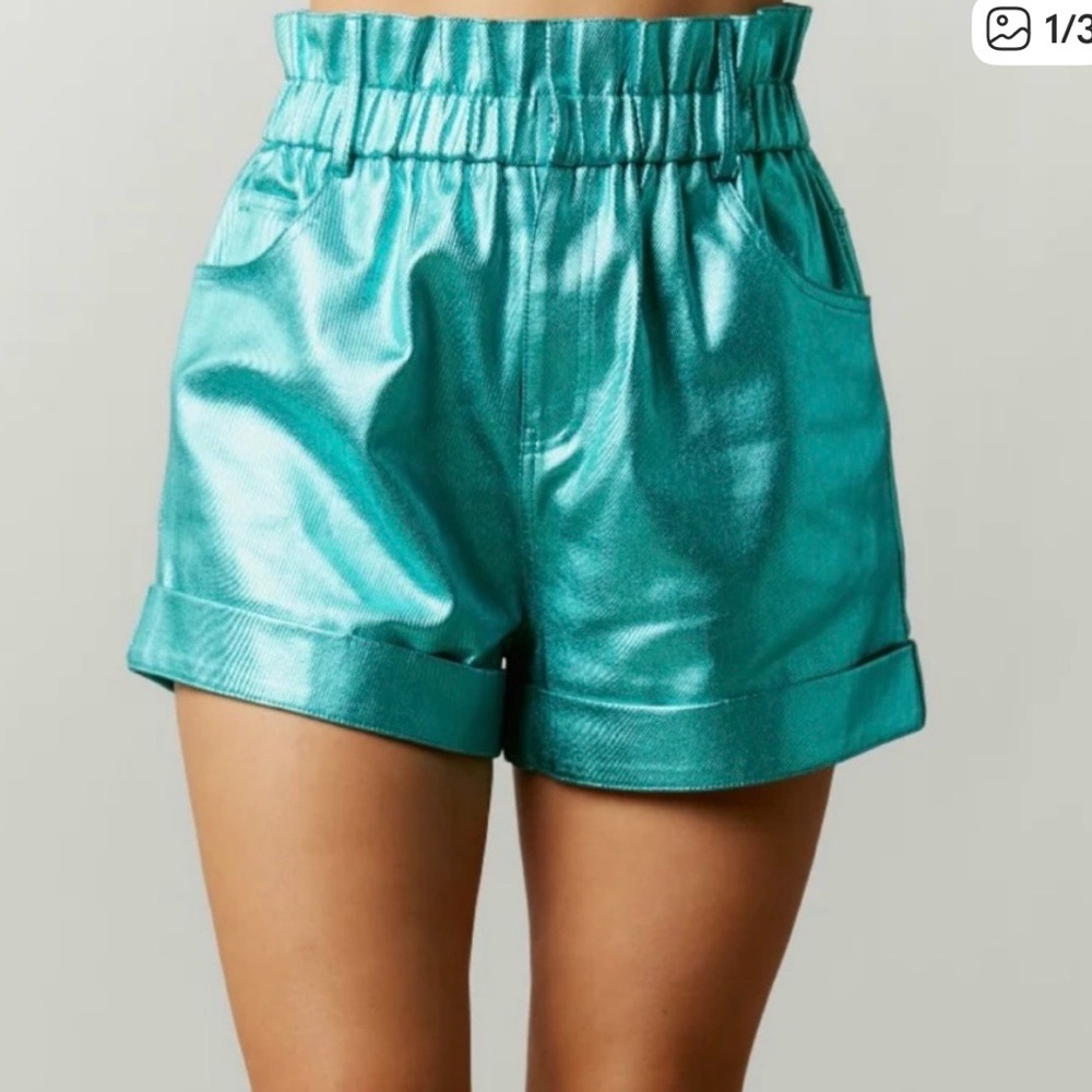 Fantastic Fawn shimmery Metallic Paper Bag Shorts teal green stretchy S